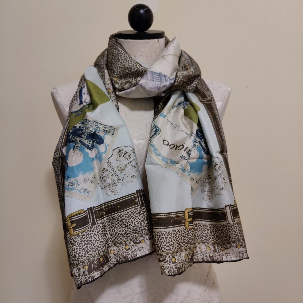 Vintage Talbot's Travel Postcards Luggage Themed Print Silk Scarf, 17" X 66" - Picture 8 of 8